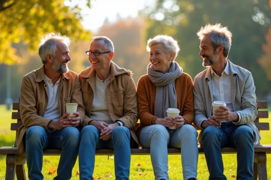 Quatro amigos sentados juntos em um parque ensolarado, sorrindo e conversando