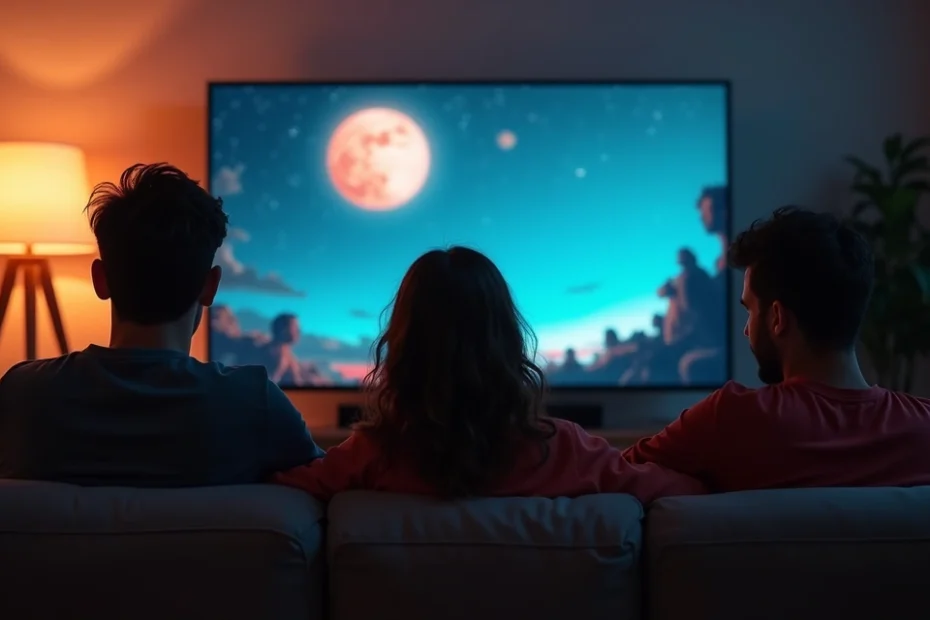 Casal assistindo a um filme juntos no sofá com pipoca e iluminação aconchegante
