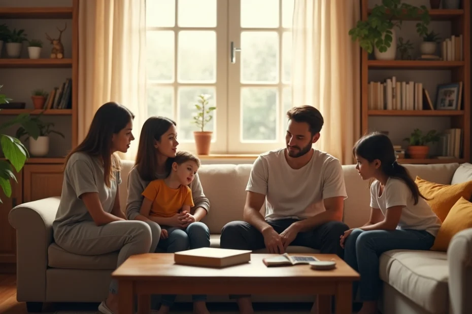 Família reunida conversando na sala de estar com expressão de reflexão e ambiente acolhedor
