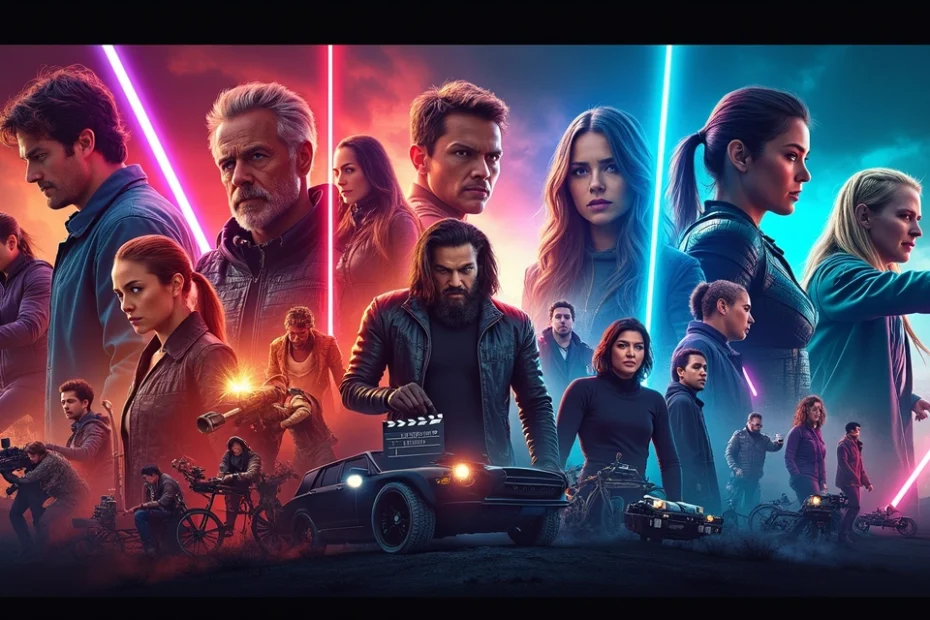 Cartaz vibrante de vários filmes lançamentos de 2026 com cenas e personagens distintos em estilo cinematográfico detalhado