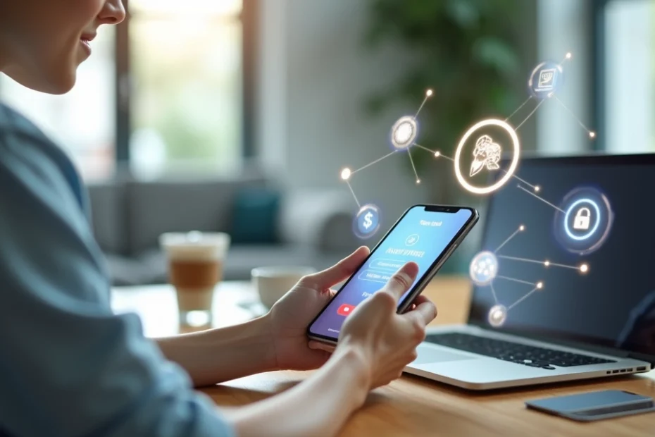 Pessoa usando smartphone para pagamentos digitais com ícones de Pix e open finance ao redor