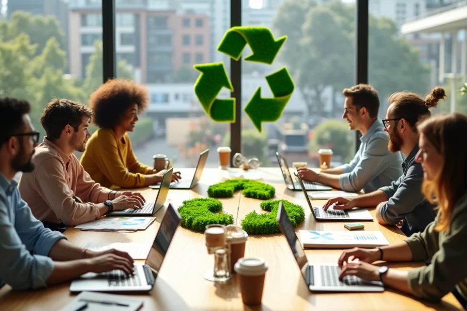 Empreendedores reunidos ao redor de símbolo de reciclagem em escritório moderno