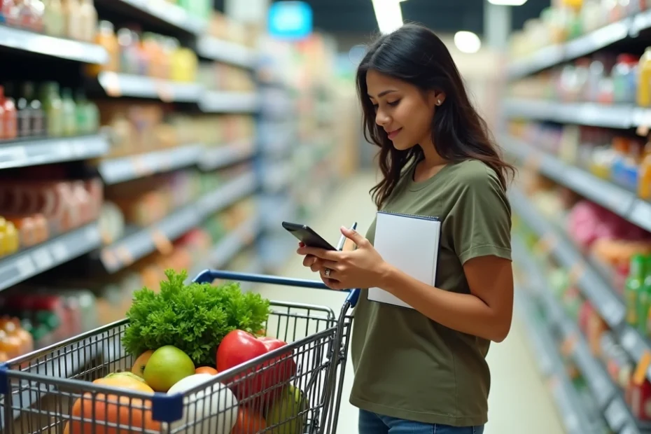 Mulher anotando lista de compras em frente a carrinho cheio no supermercado
