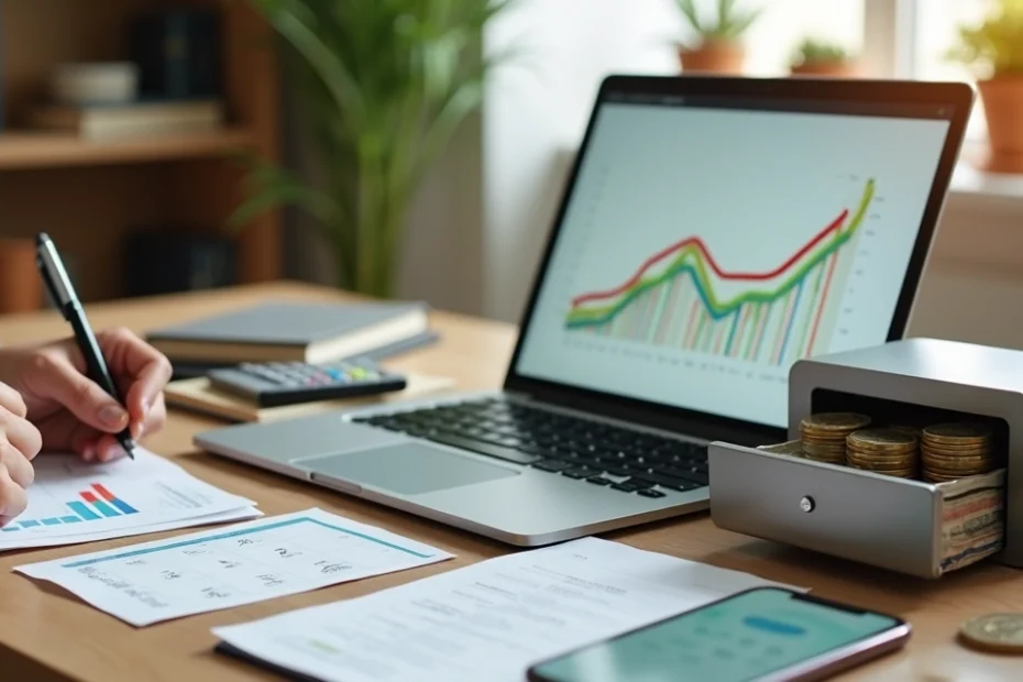 Pessoa analisando gráficos financeiros ao lado de cofre cheio de dinheiro