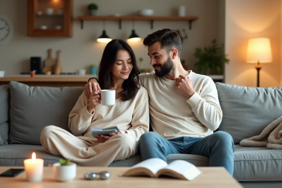 Casal sentado no sofá praticando autocuidado em meio à rotina agitada