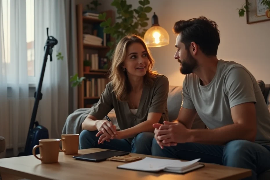 Casal no sofá negociando a divisão das tarefas domésticas