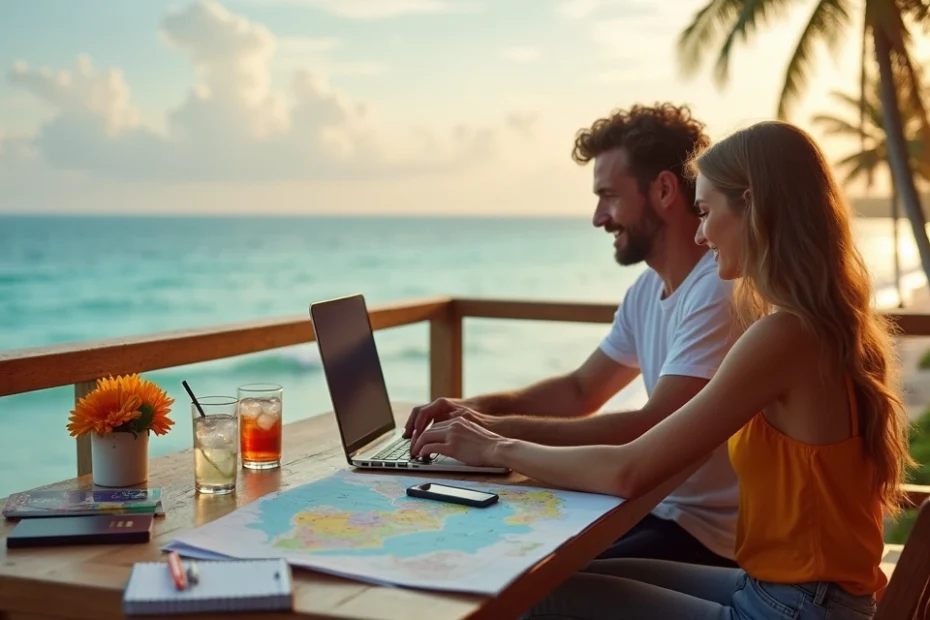 Casal sentado planejando viagem com mapa e laptop em frente ao mar