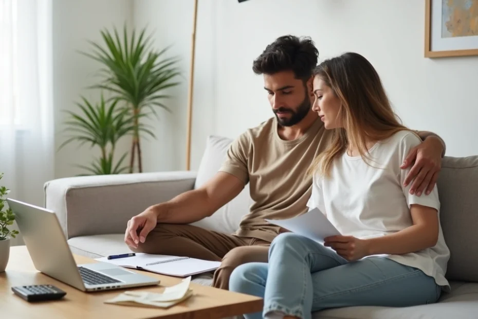Casal jovem sentado no sofá organizando finanças com ambiente minimalista