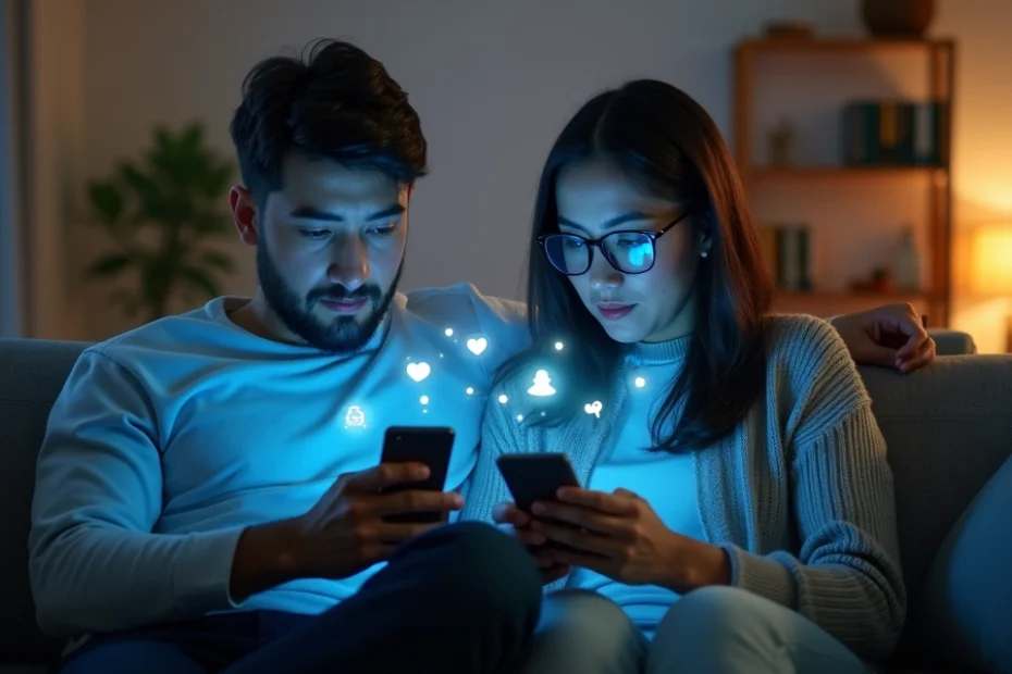 Casal no sofá usando celular com barreira simbólica de notificações entre eles