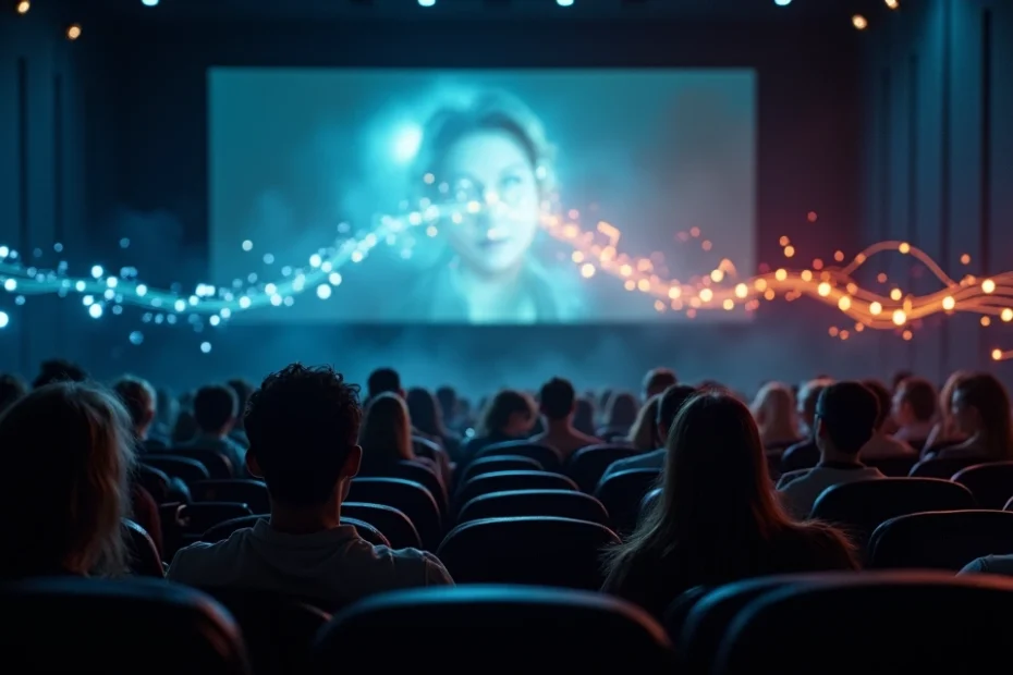 Plateia em cinema observando notas musicais coloridas saindo da tela