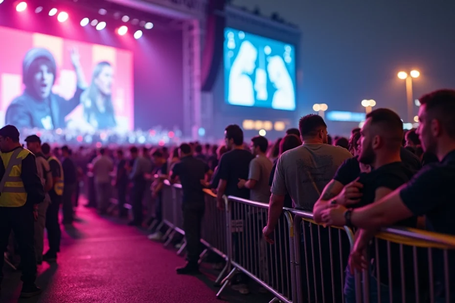 Fila noturna de fãs aglomerados na entrada de um show cercada por grades