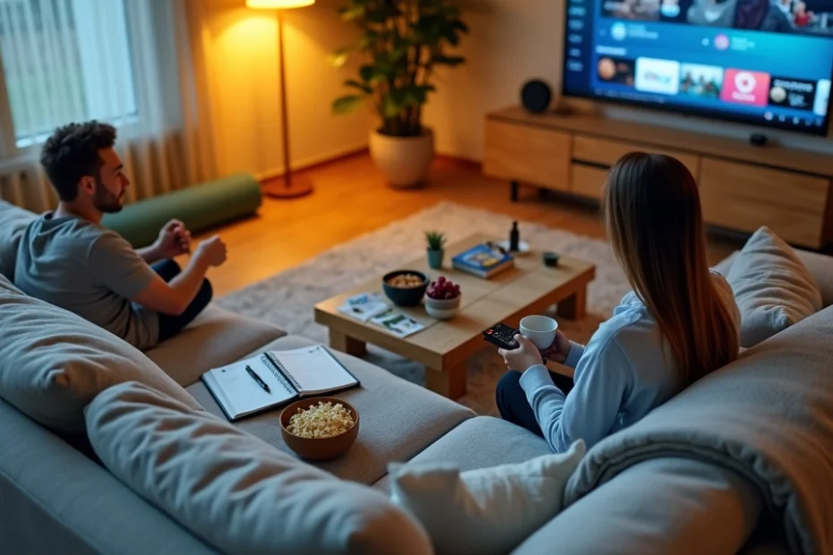 Sala aconchegante com televisão ligada e agenda aberta sobre a mesa de centro