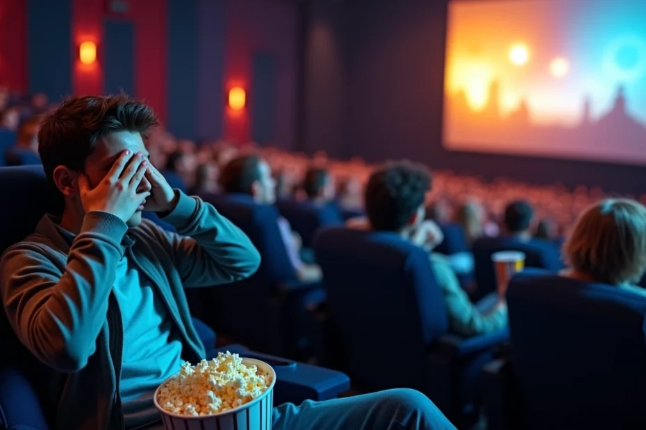 Jovem em sala de cinema tapando os ouvidos enquanto outros assistem a uma cena importante