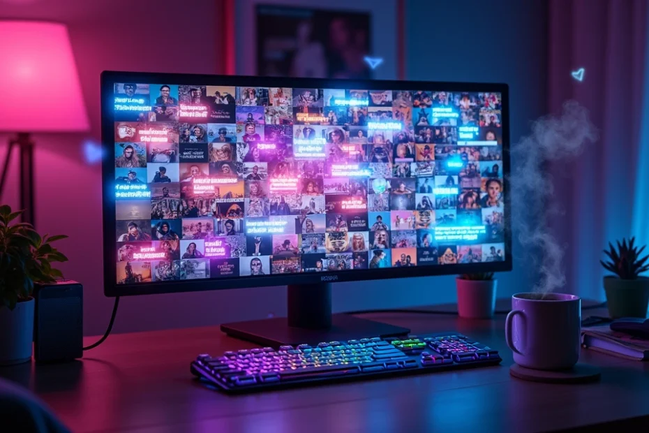 Colagem colorida de memes em tela grande de computador