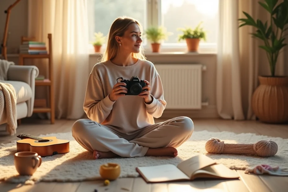Mulher adulta sentada no chão rodeada por materiais de diferentes hobbies