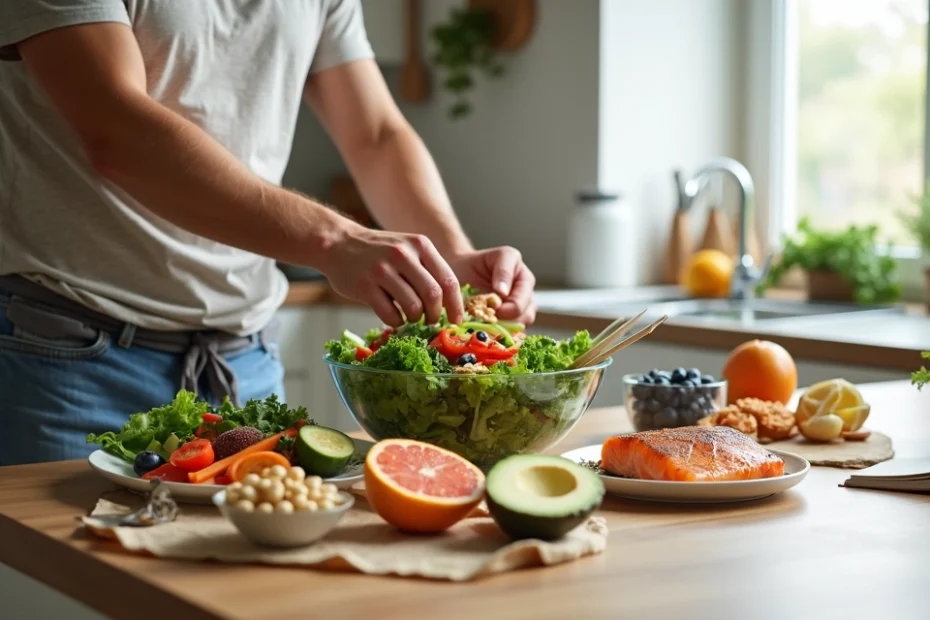 Homem adulto preparando refeição saudável rica em vegetais em cozinha moderna