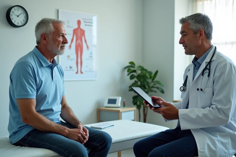 Homem de meia-idade conversando com médico durante checkup de rotina