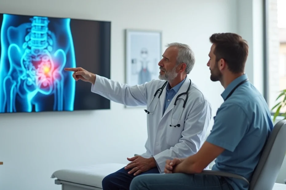 Homem em consulta com médico observando gráfico de câncer de próstata na tela