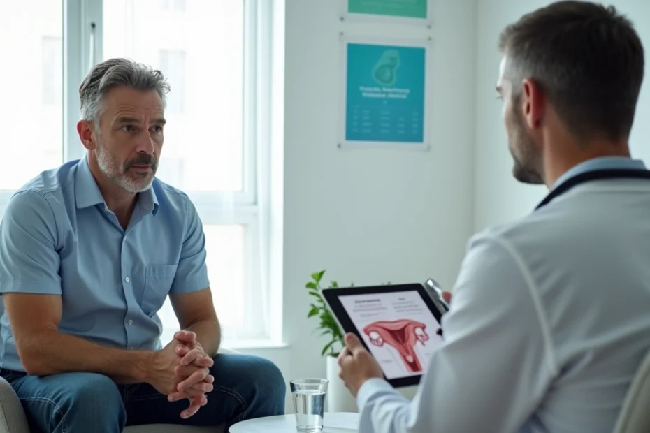 Homem adulto conversando com médico em consultório sobre saúde sexual